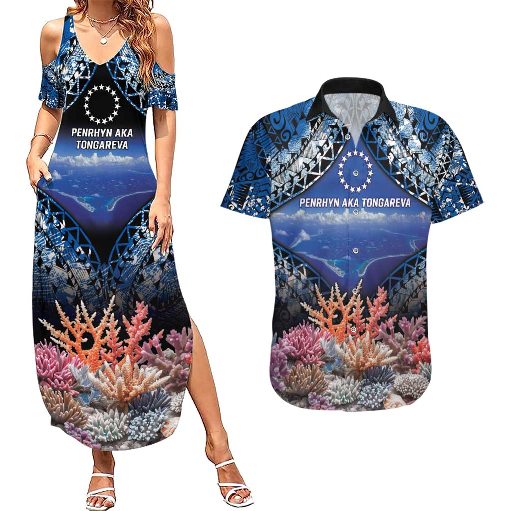 Penrhyn aka Tongareva Cook Islands Atoll Personalised Couples Matching Summer Maxi Dress and Hawaiian Shirt with Pacific Coral Reef Blue Vibe