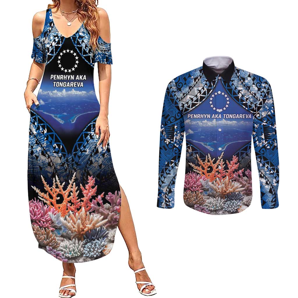 Penrhyn aka Tongareva Cook Islands Atoll Personalised Couples Matching Summer Maxi Dress and Long Sleeve Button Shirt with Pacific Coral Reef Blue Vibe