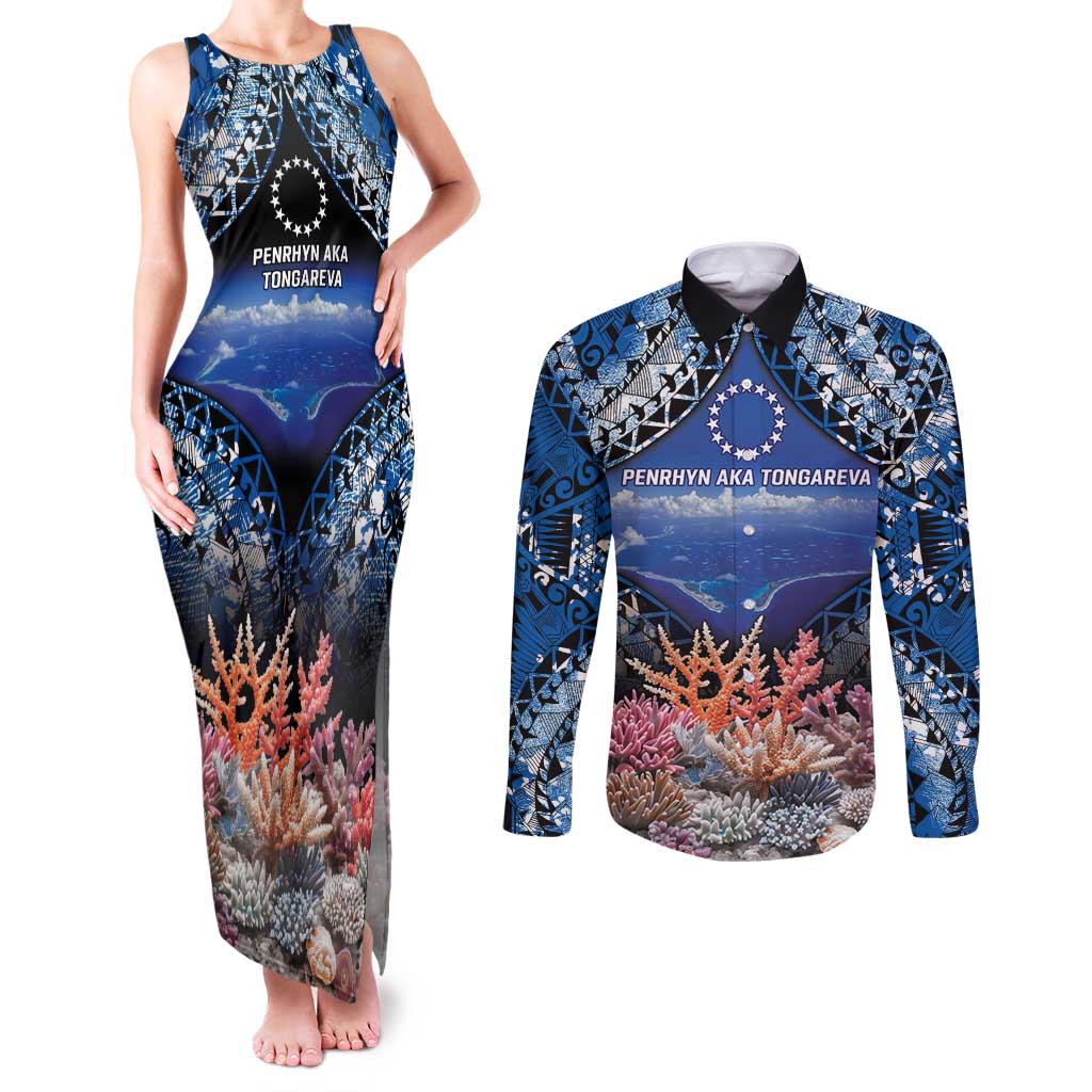 Penrhyn aka Tongareva Cook Islands Atoll Personalised Couples Matching Tank Maxi Dress and Long Sleeve Button Shirt with Pacific Coral Reef Blue Vibe