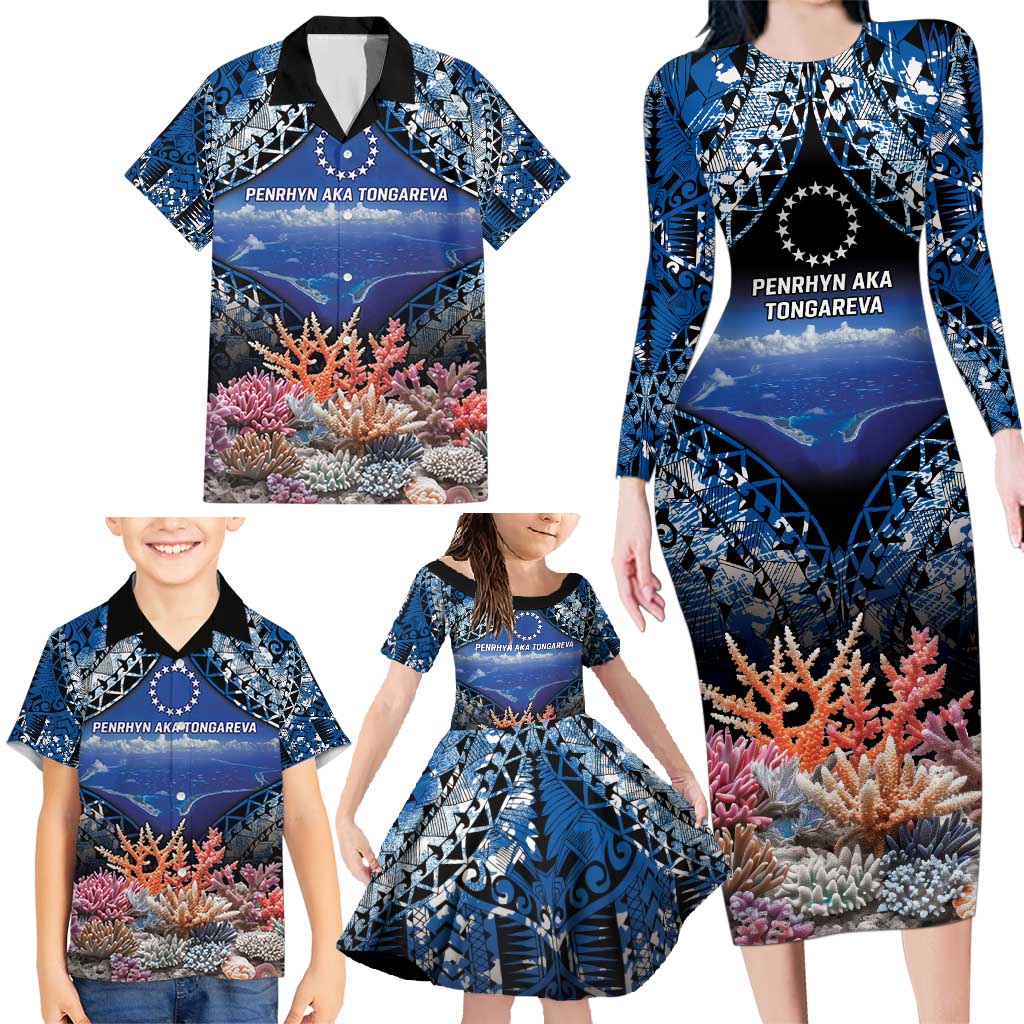 Penrhyn aka Tongareva Cook Islands Atoll Personalised Family Matching Long Sleeve Bodycon Dress and Hawaiian Shirt with Pacific Coral Reef Blue Vibe