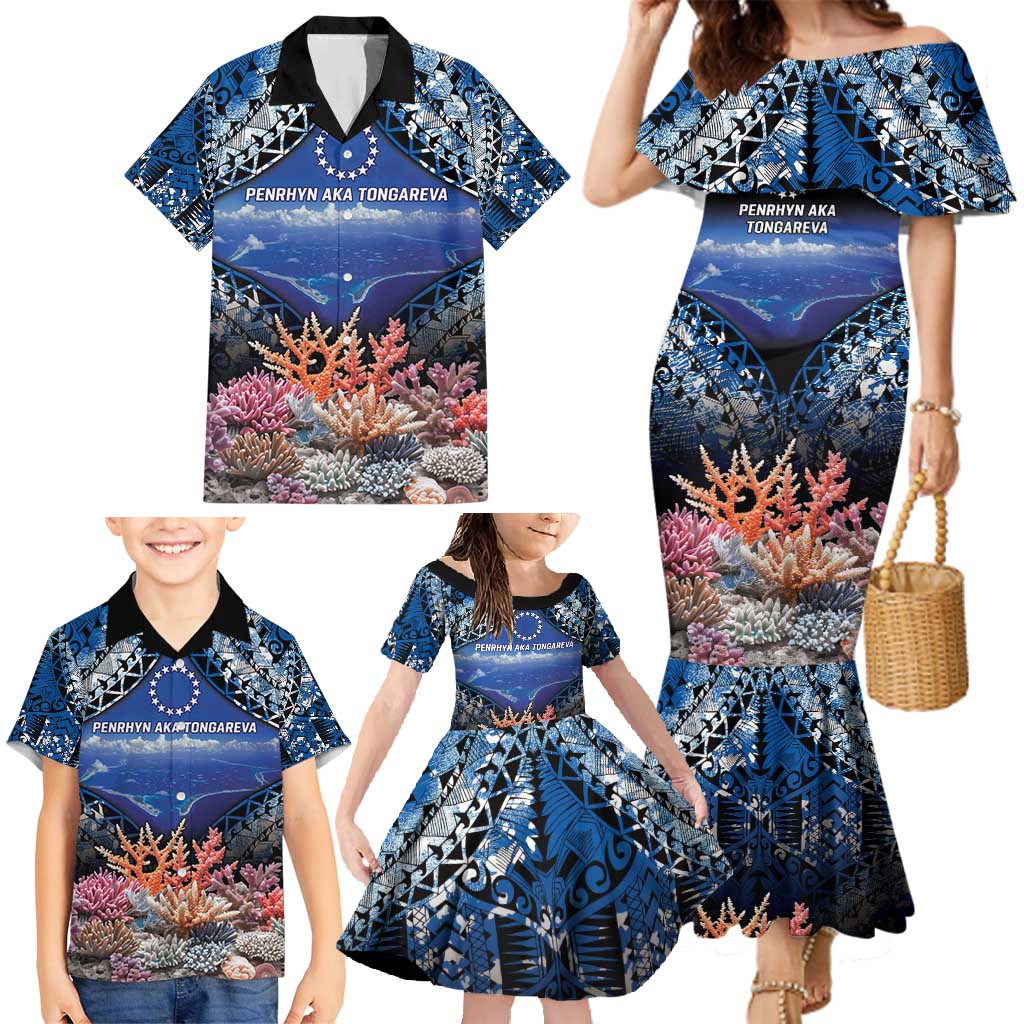 Penrhyn aka Tongareva Cook Islands Atoll Personalised Family Matching Mermaid Dress and Hawaiian Shirt with Pacific Coral Reef Blue Vibe