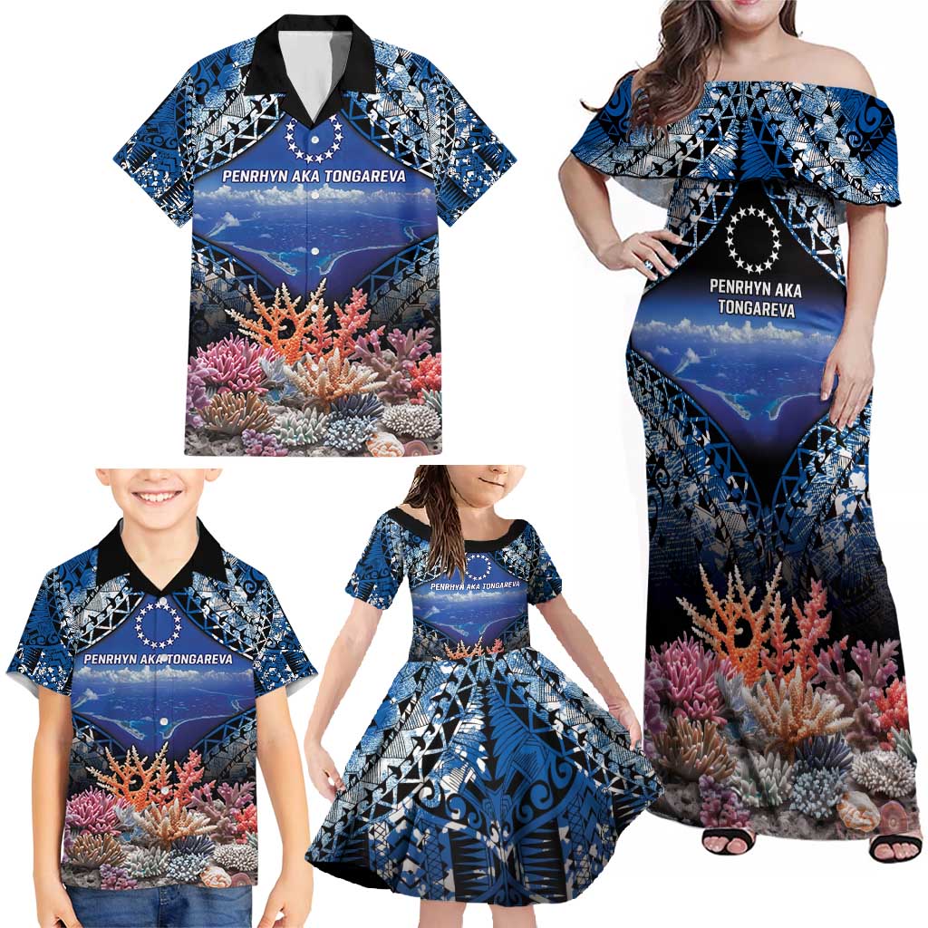 Penrhyn aka Tongareva Cook Islands Atoll Personalised Family Matching Off Shoulder Maxi Dress and Hawaiian Shirt with Pacific Coral Reef Blue Vibe