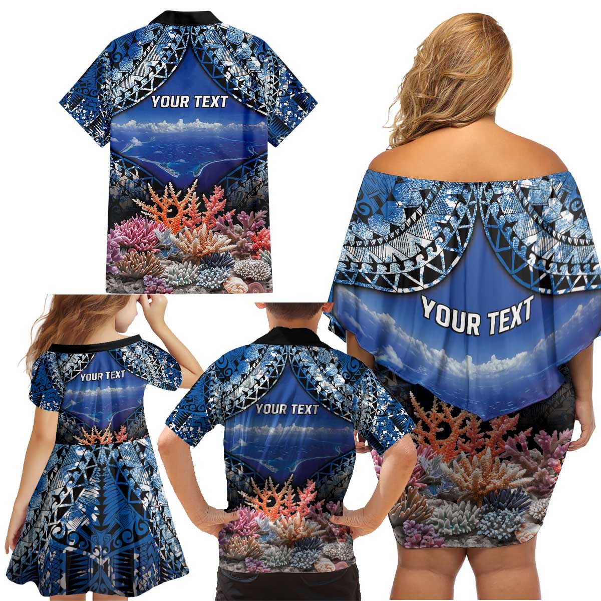 Penrhyn aka Tongareva Cook Islands Atoll Personalised Family Matching Off Shoulder Short Dress and Hawaiian Shirt with Pacific Coral Reef Blue Vibe