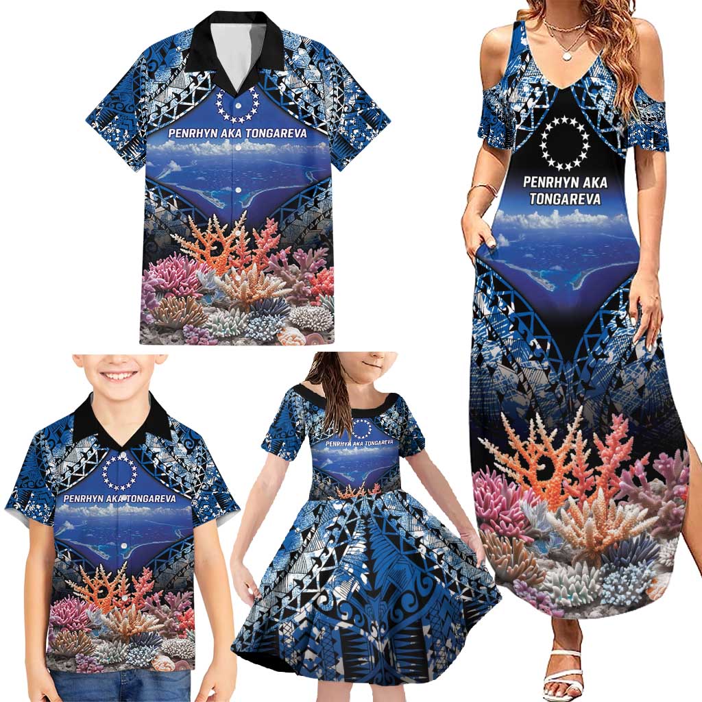 Penrhyn aka Tongareva Cook Islands Atoll Personalised Family Matching Summer Maxi Dress and Hawaiian Shirt with Pacific Coral Reef Blue Vibe