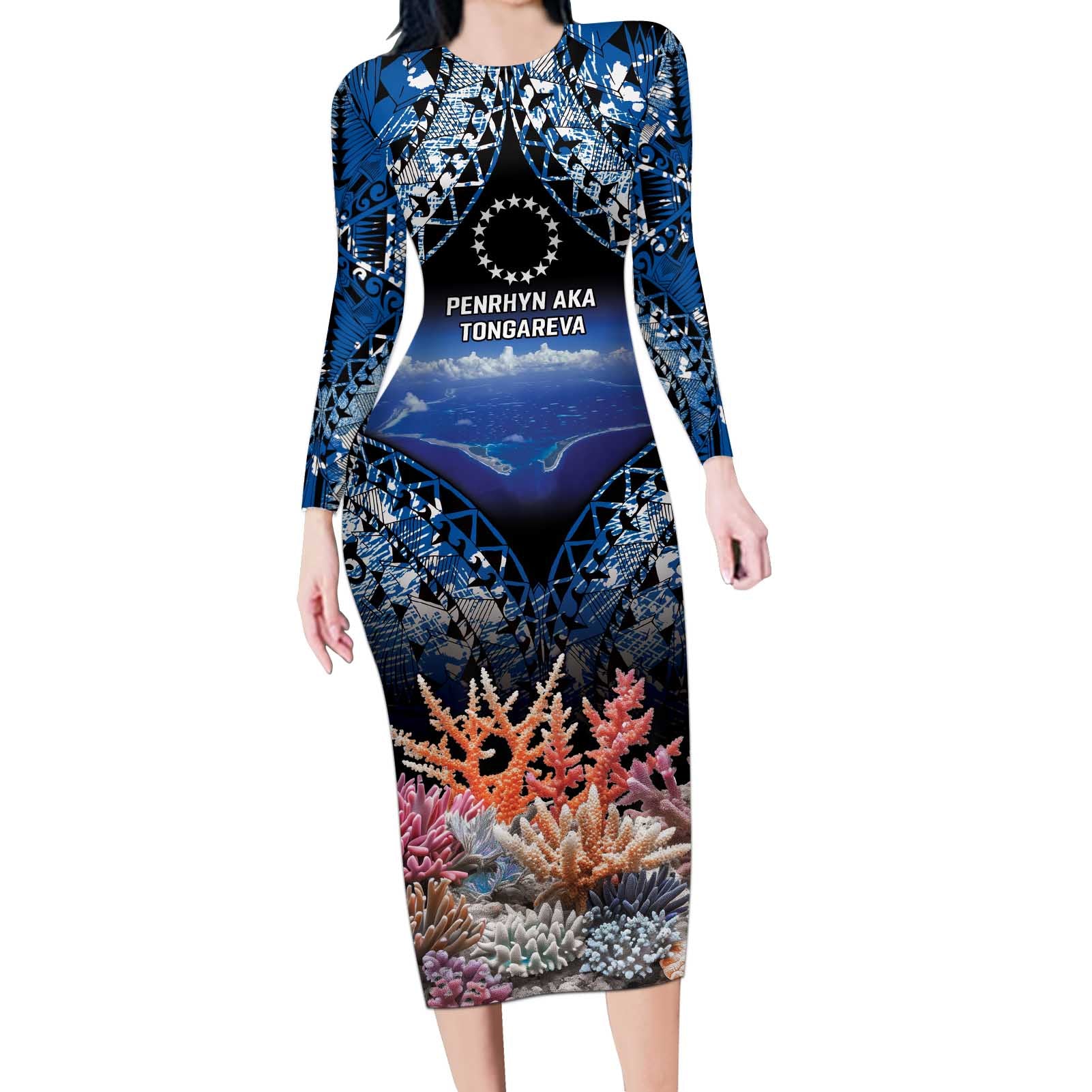 Penrhyn aka Tongareva Cook Islands Atoll Personalised Long Sleeve Bodycon Dress with Pacific Coral Reef Blue Vibe