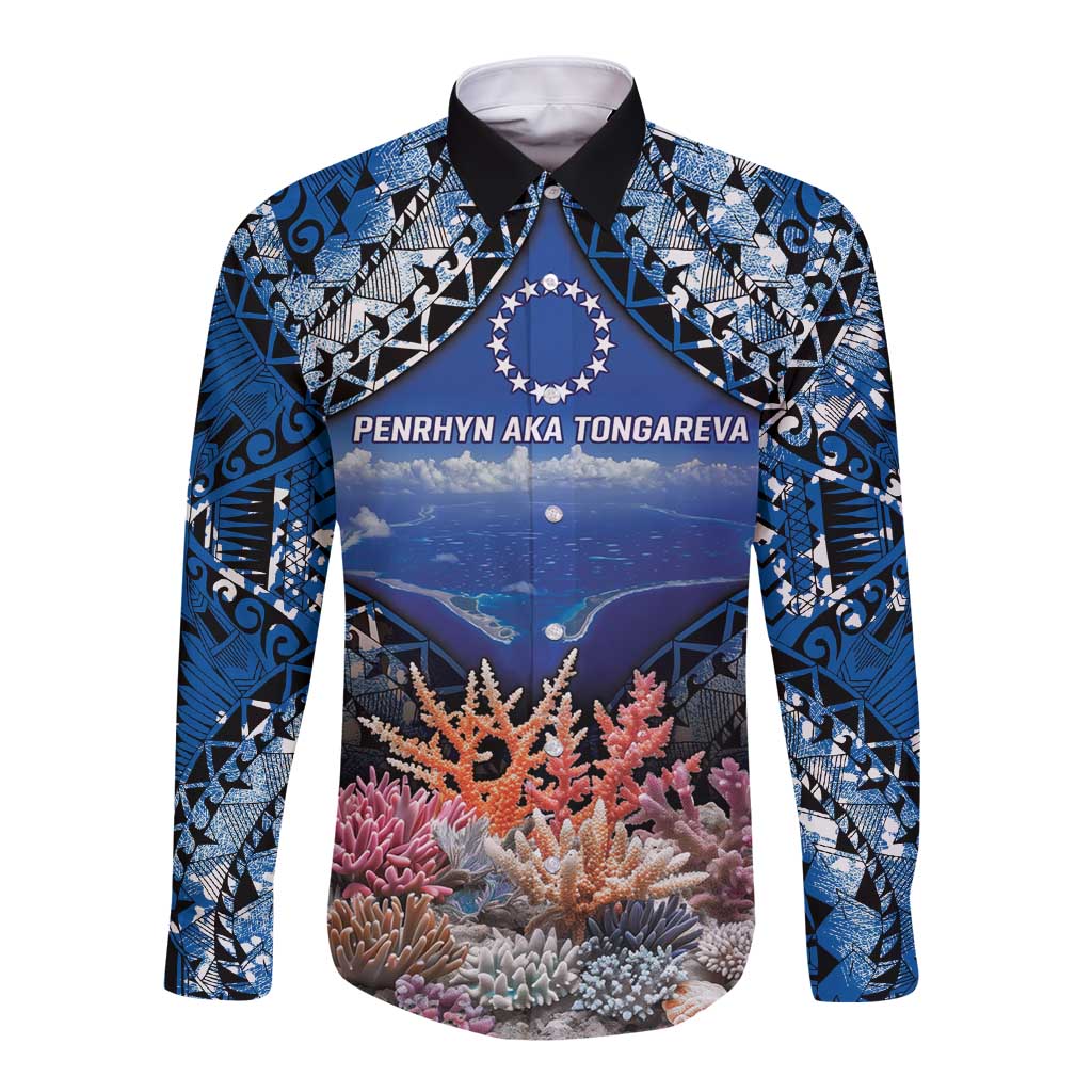 Penrhyn aka Tongareva Cook Islands Atoll Personalised Long Sleeve Button Shirt with Pacific Coral Reef Blue Vibe