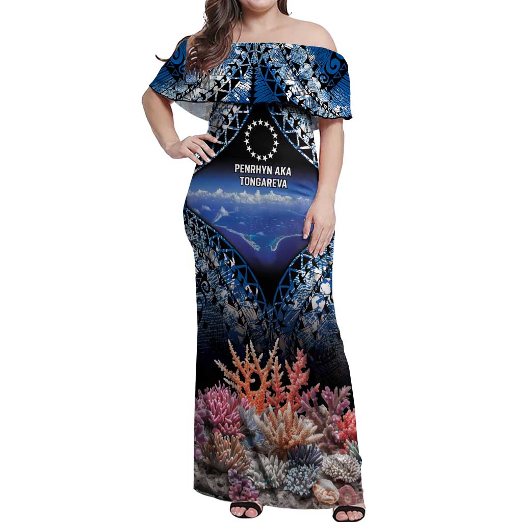 Penrhyn aka Tongareva Cook Islands Atoll Personalised Off Shoulder Maxi Dress with Pacific Coral Reef Blue Vibe