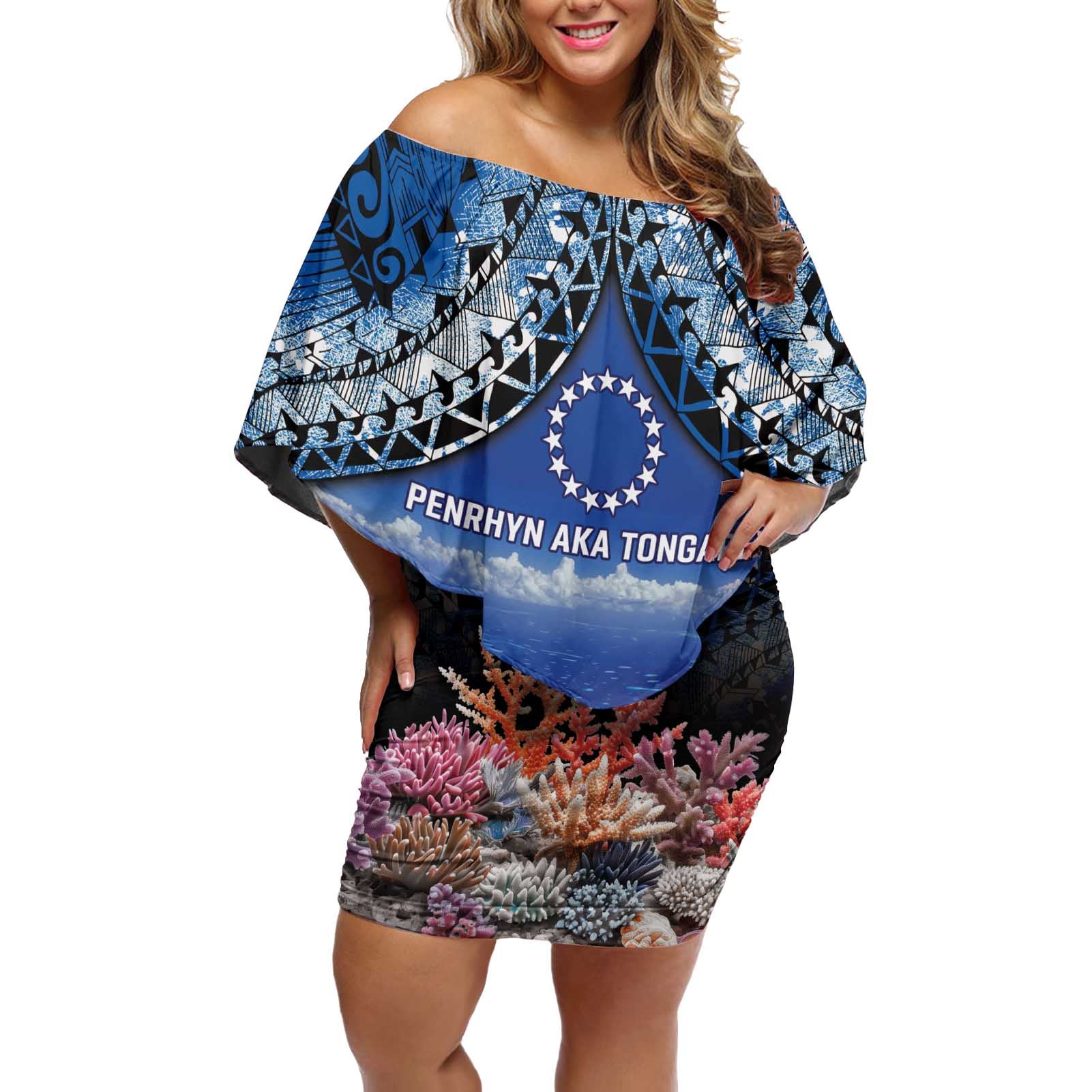 Penrhyn aka Tongareva Cook Islands Atoll Personalised Off Shoulder Short Dress with Pacific Coral Reef Blue Vibe