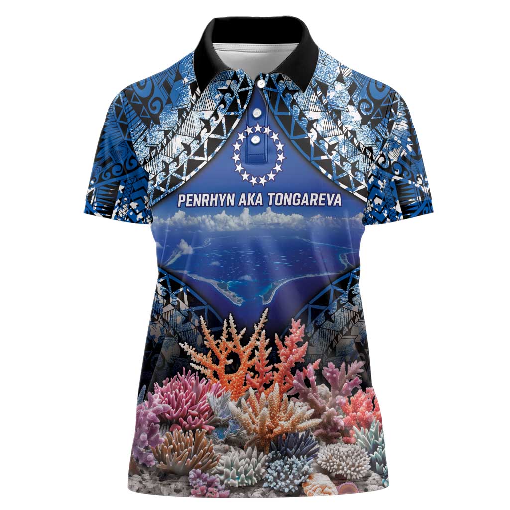 Penrhyn aka Tongareva Cook Islands Atoll Personalised Women Polo Shirt with Pacific Coral Reef Blue Vibe