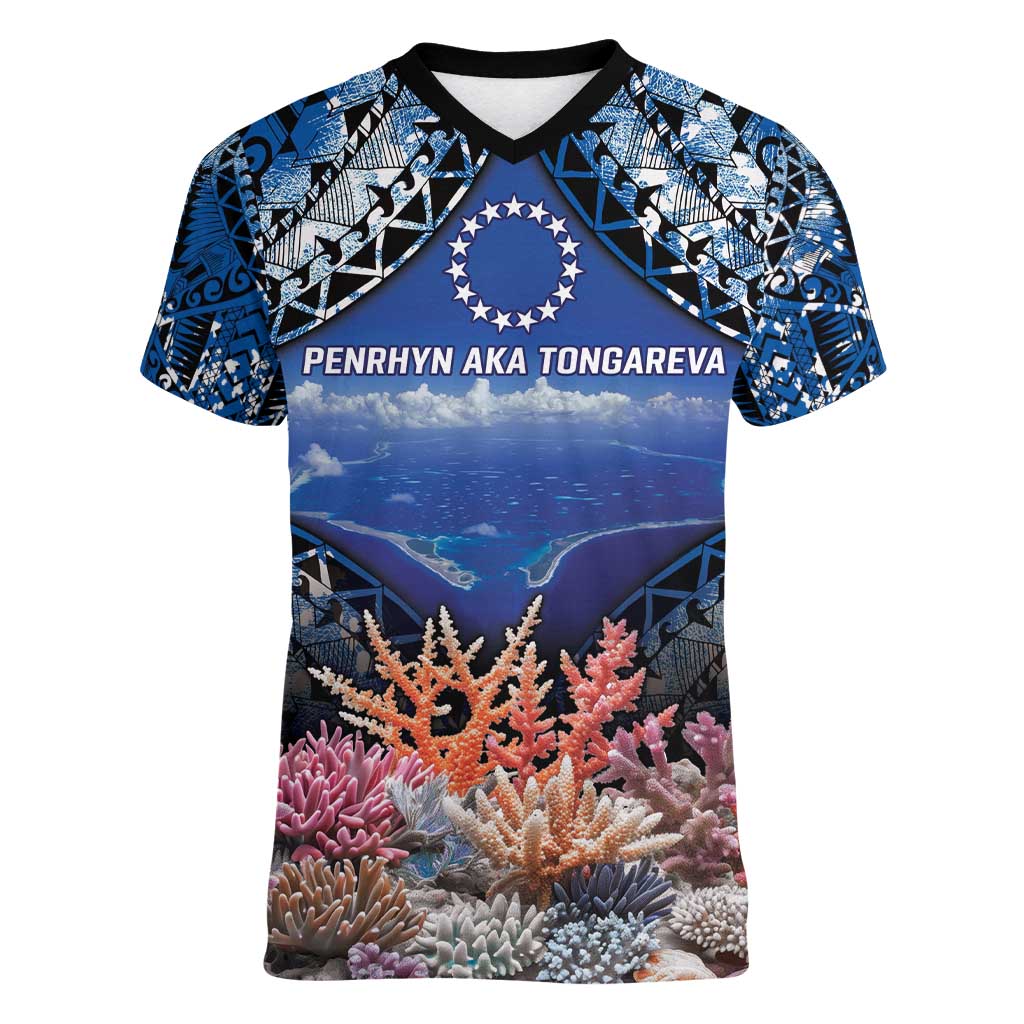 Penrhyn aka Tongareva Cook Islands Atoll Personalised Women V-Neck T-Shirt with Pacific Coral Reef Blue Vibe