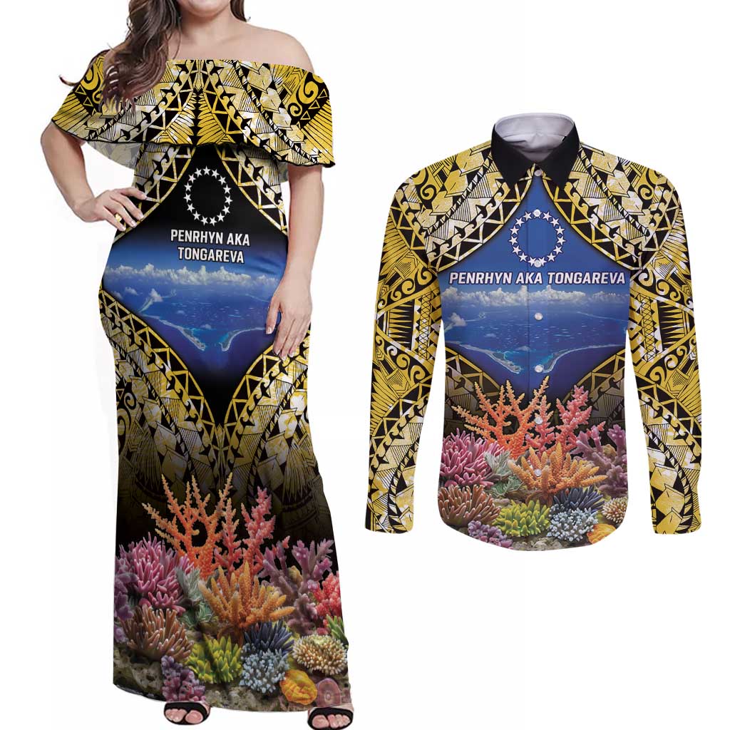 Penrhyn aka Tongareva Cook Islands Atoll Personalised Couples Matching Off Shoulder Maxi Dress and Long Sleeve Button Shirt with Pacific Coral Reef Gold Vibe