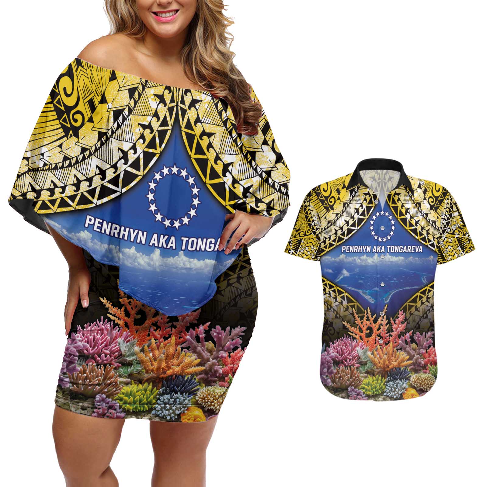 Penrhyn aka Tongareva Cook Islands Atoll Personalised Couples Matching Off Shoulder Short Dress and Hawaiian Shirt with Pacific Coral Reef Gold Vibe