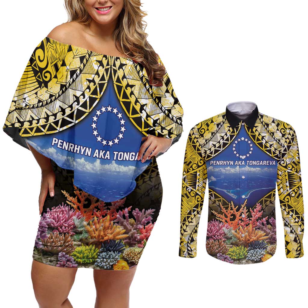 Penrhyn aka Tongareva Cook Islands Atoll Personalised Couples Matching Off Shoulder Short Dress and Long Sleeve Button Shirt with Pacific Coral Reef Gold Vibe