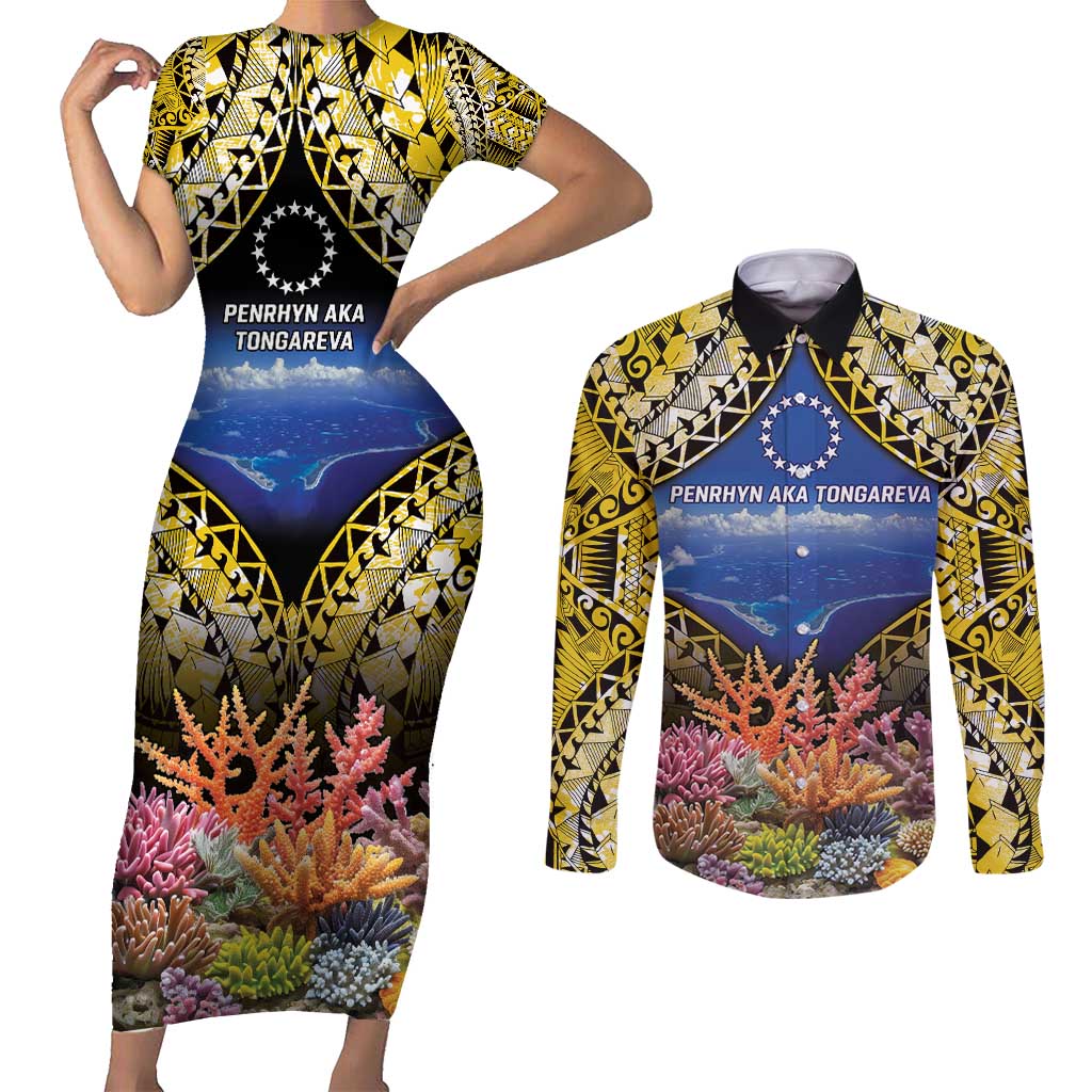 Penrhyn aka Tongareva Cook Islands Atoll Personalised Couples Matching Short Sleeve Bodycon Dress and Long Sleeve Button Shirt with Pacific Coral Reef Gold Vibe