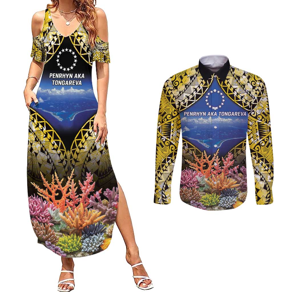 Penrhyn aka Tongareva Cook Islands Atoll Personalised Couples Matching Summer Maxi Dress and Long Sleeve Button Shirt with Pacific Coral Reef Gold Vibe