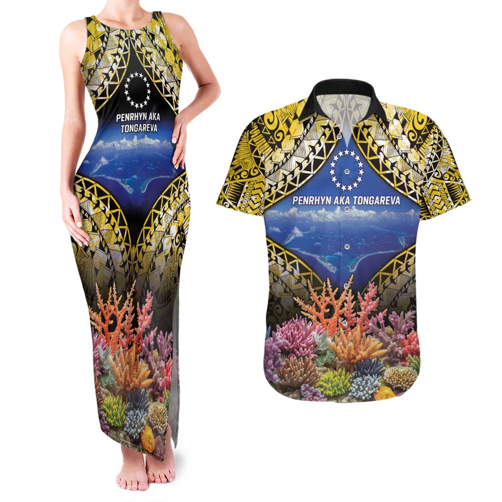 Penrhyn aka Tongareva Cook Islands Atoll Personalised Couples Matching Tank Maxi Dress and Hawaiian Shirt with Pacific Coral Reef Gold Vibe