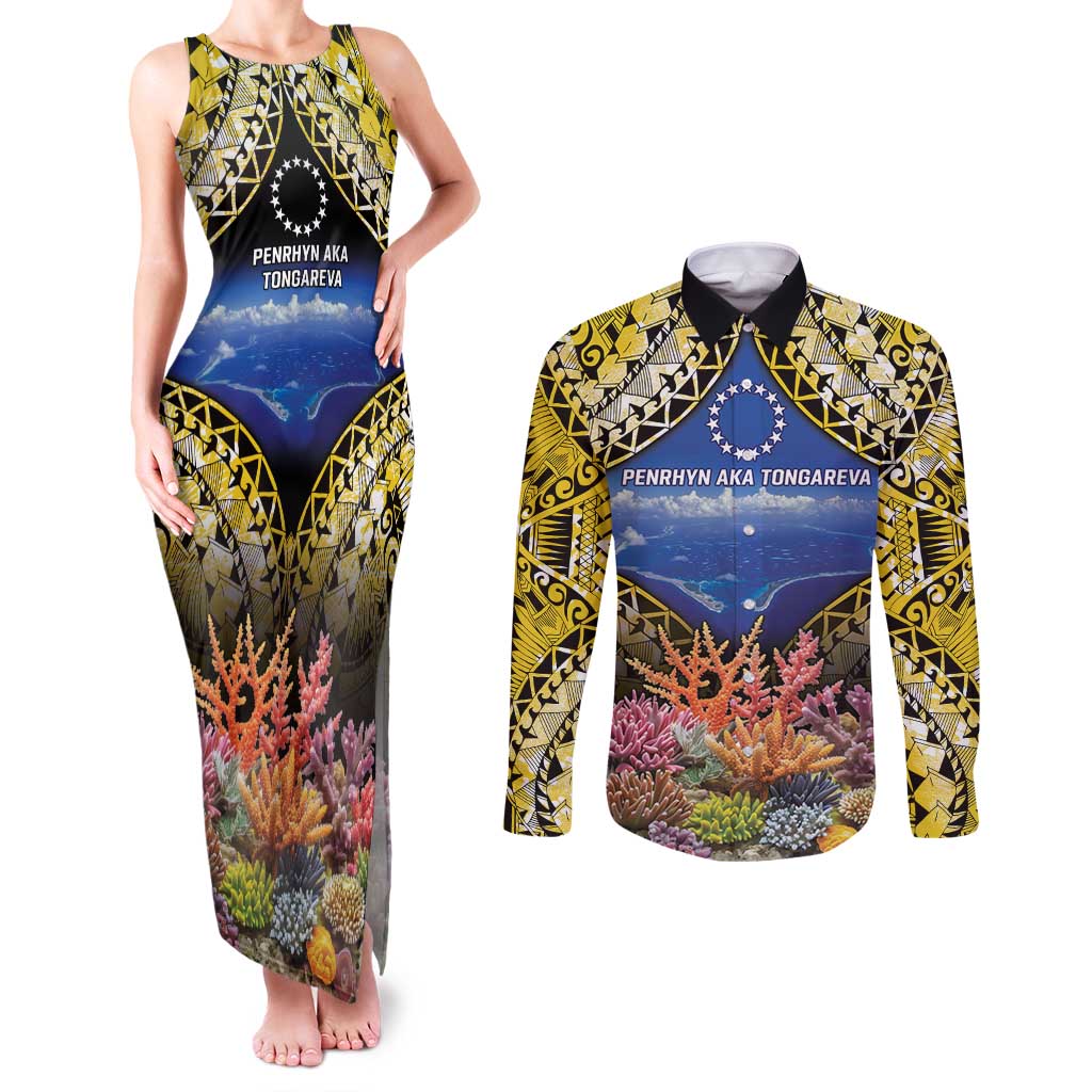 Penrhyn aka Tongareva Cook Islands Atoll Personalised Couples Matching Tank Maxi Dress and Long Sleeve Button Shirt with Pacific Coral Reef Gold Vibe