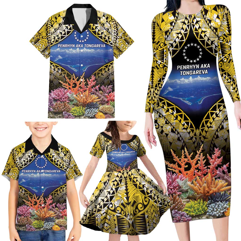 Penrhyn aka Tongareva Cook Islands Atoll Personalised Family Matching Long Sleeve Bodycon Dress and Hawaiian Shirt with Pacific Coral Reef Gold Vibe