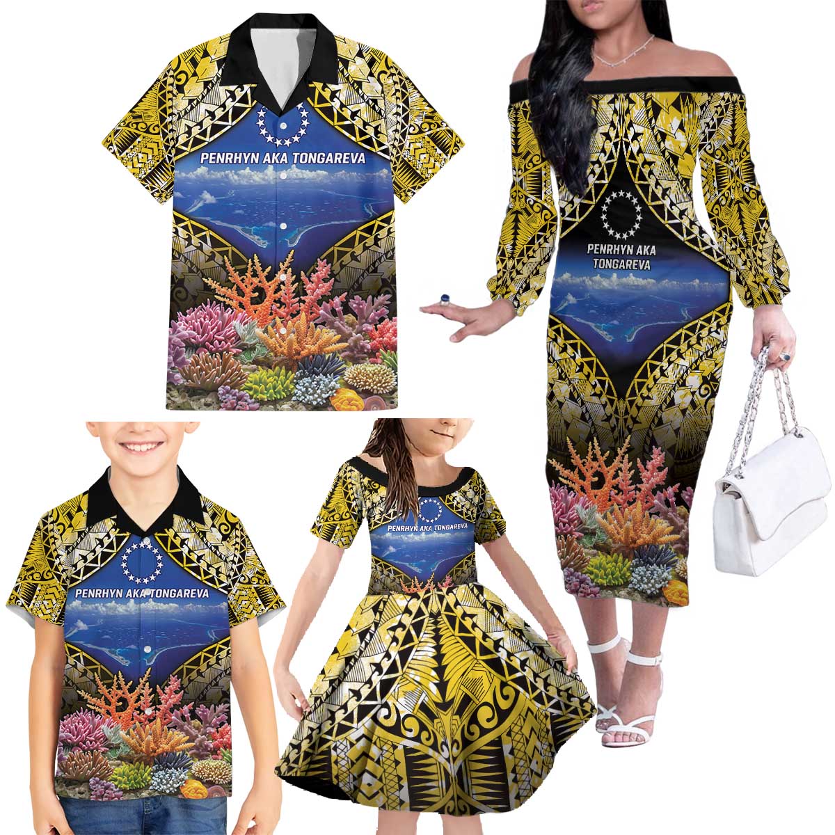 Penrhyn aka Tongareva Cook Islands Atoll Personalised Family Matching Off The Shoulder Long Sleeve Dress and Hawaiian Shirt with Pacific Coral Reef Gold Vibe