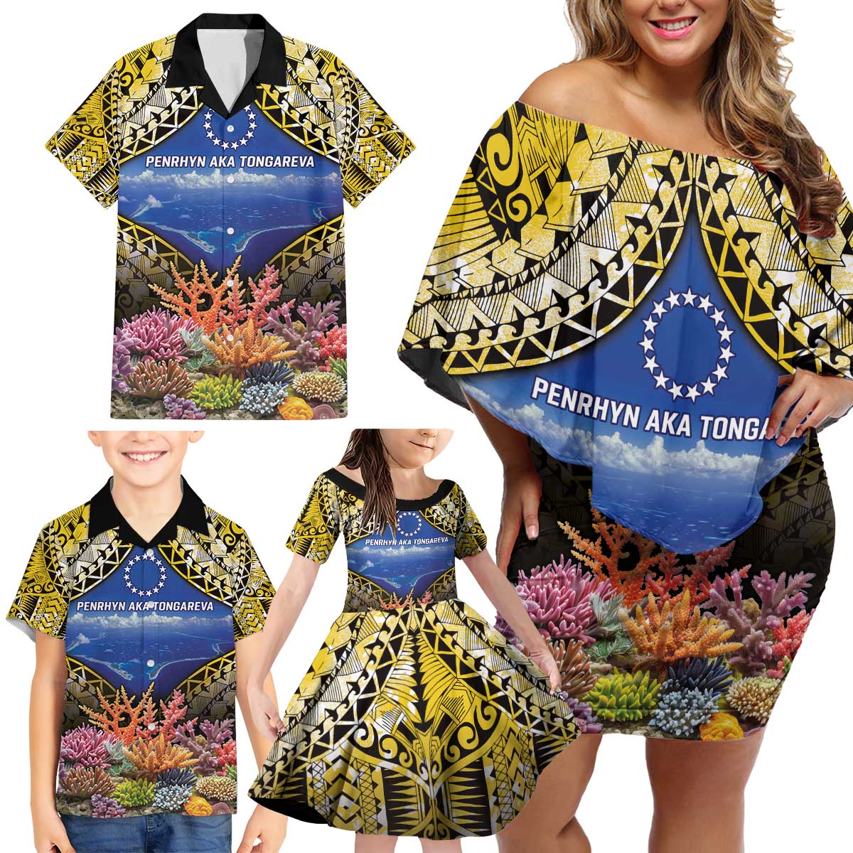 Penrhyn aka Tongareva Cook Islands Atoll Personalised Family Matching Off Shoulder Short Dress and Hawaiian Shirt with Pacific Coral Reef Gold Vibe