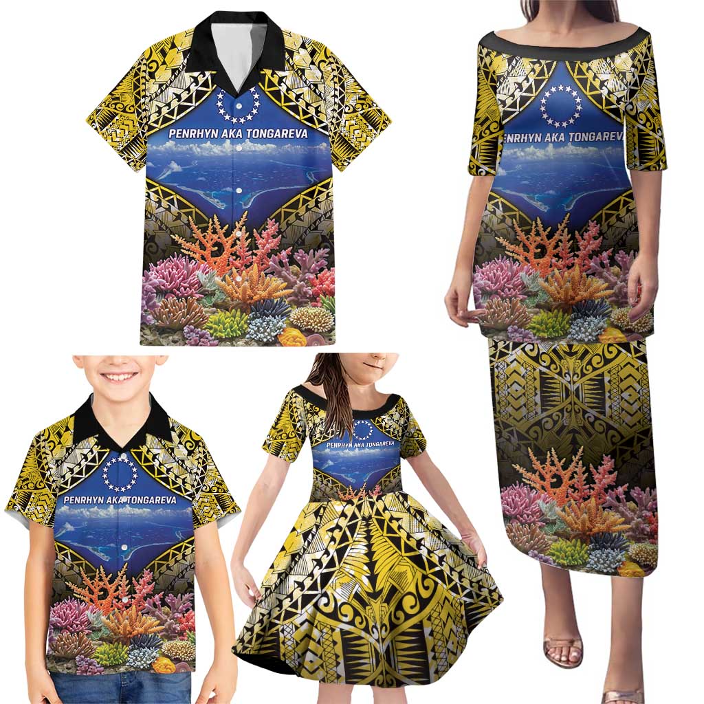 Penrhyn aka Tongareva Cook Islands Atoll Personalised Family Matching Puletasi and Hawaiian Shirt with Pacific Coral Reef Gold Vibe