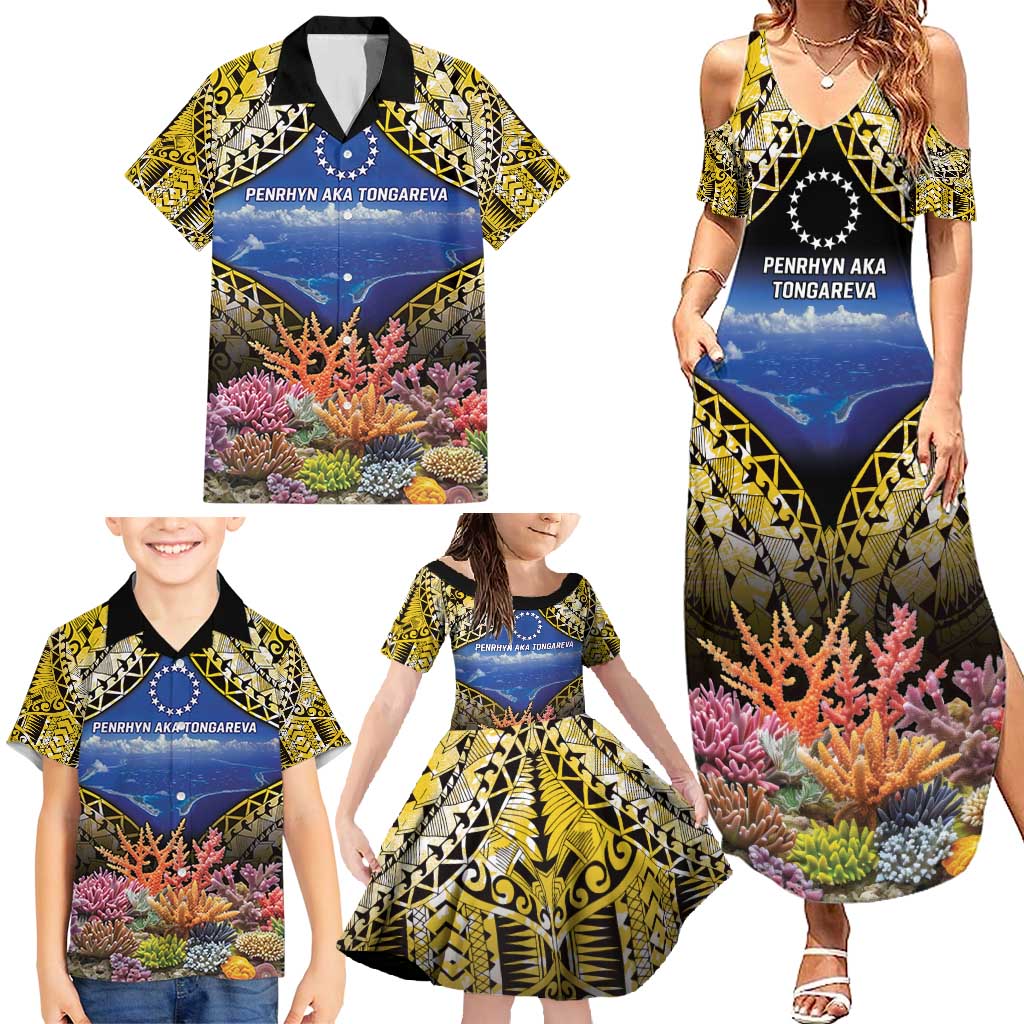 Penrhyn aka Tongareva Cook Islands Atoll Personalised Family Matching Summer Maxi Dress and Hawaiian Shirt with Pacific Coral Reef Gold Vibe