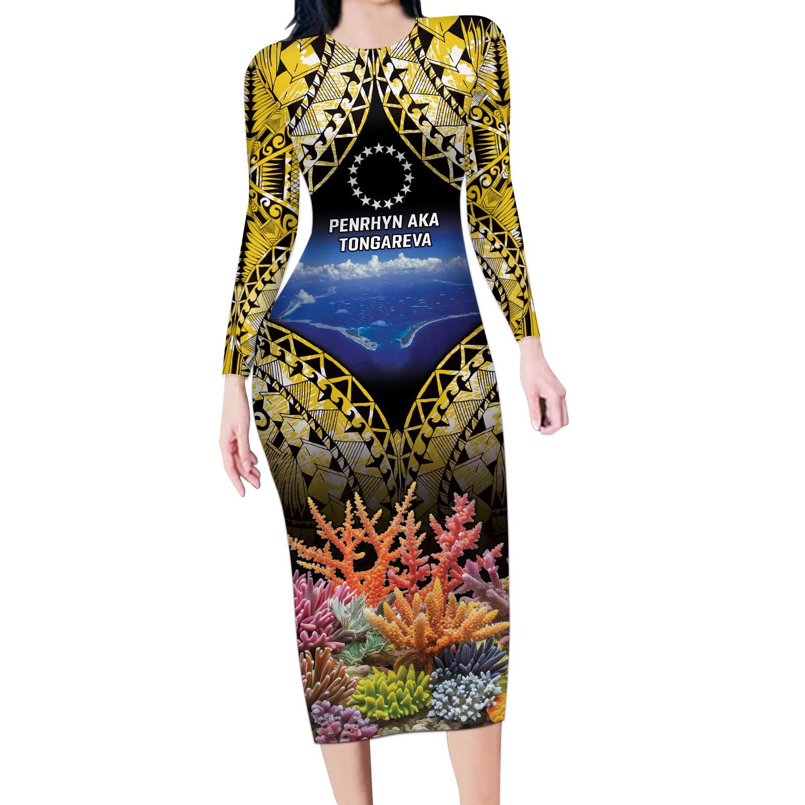 Penrhyn aka Tongareva Cook Islands Atoll Personalised Long Sleeve Bodycon Dress with Pacific Coral Reef Gold Vibe