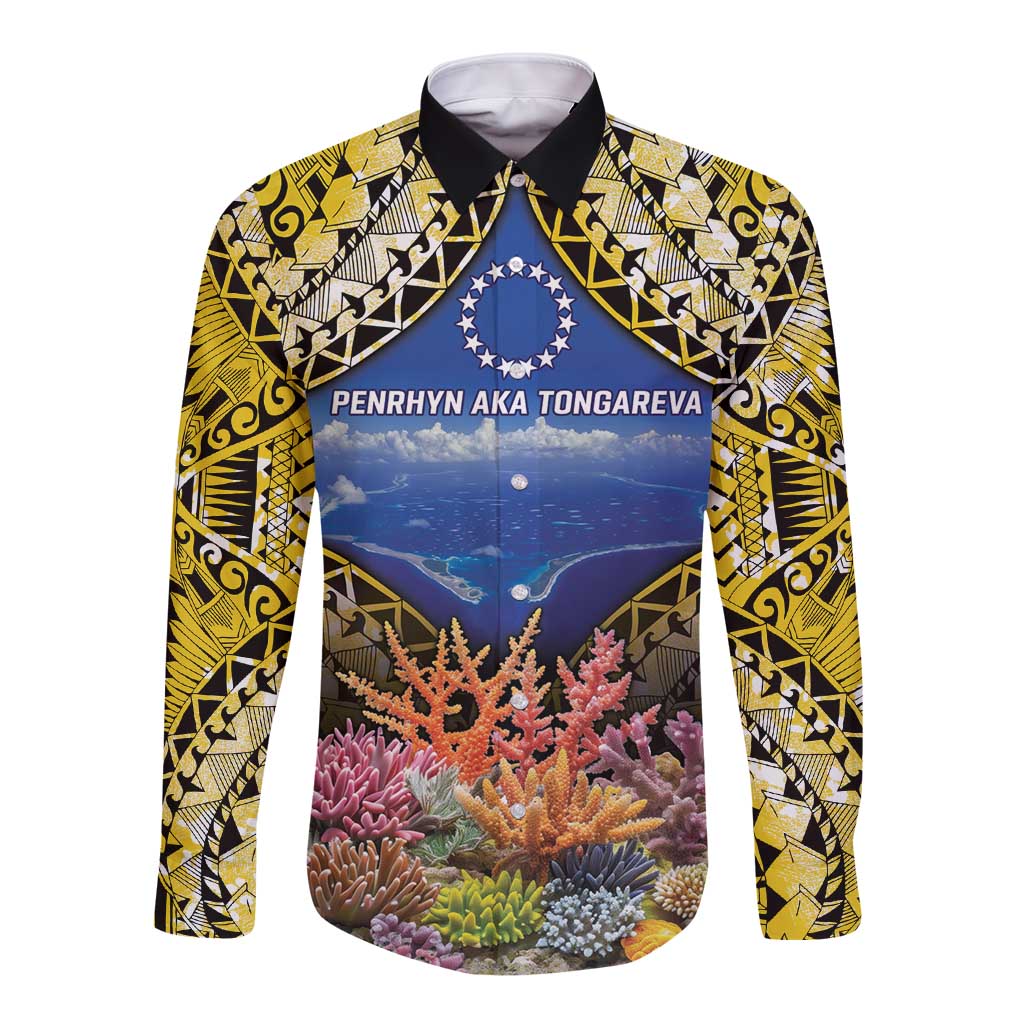 Penrhyn aka Tongareva Cook Islands Atoll Personalised Long Sleeve Button Shirt with Pacific Coral Reef Gold Vibe