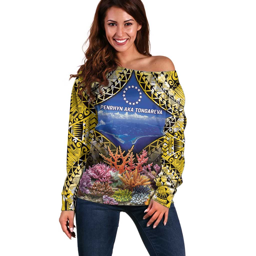 Penrhyn aka Tongareva Cook Islands Atoll Personalised Off Shoulder Sweater with Pacific Coral Reef Gold Vibe