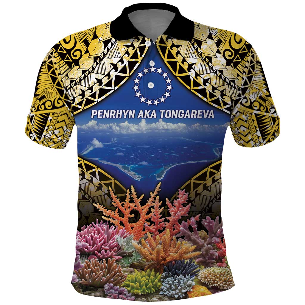 Penrhyn aka Tongareva Cook Islands Atoll Personalised Polo Shirt with Pacific Coral Reef Gold Vibe