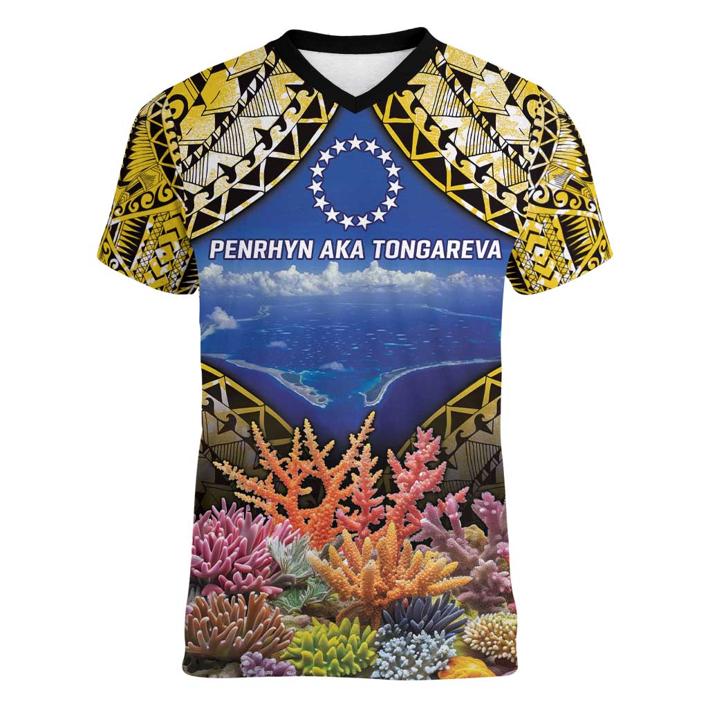 Penrhyn aka Tongareva Cook Islands Atoll Personalised Women V-Neck T-Shirt with Pacific Coral Reef Gold Vibe