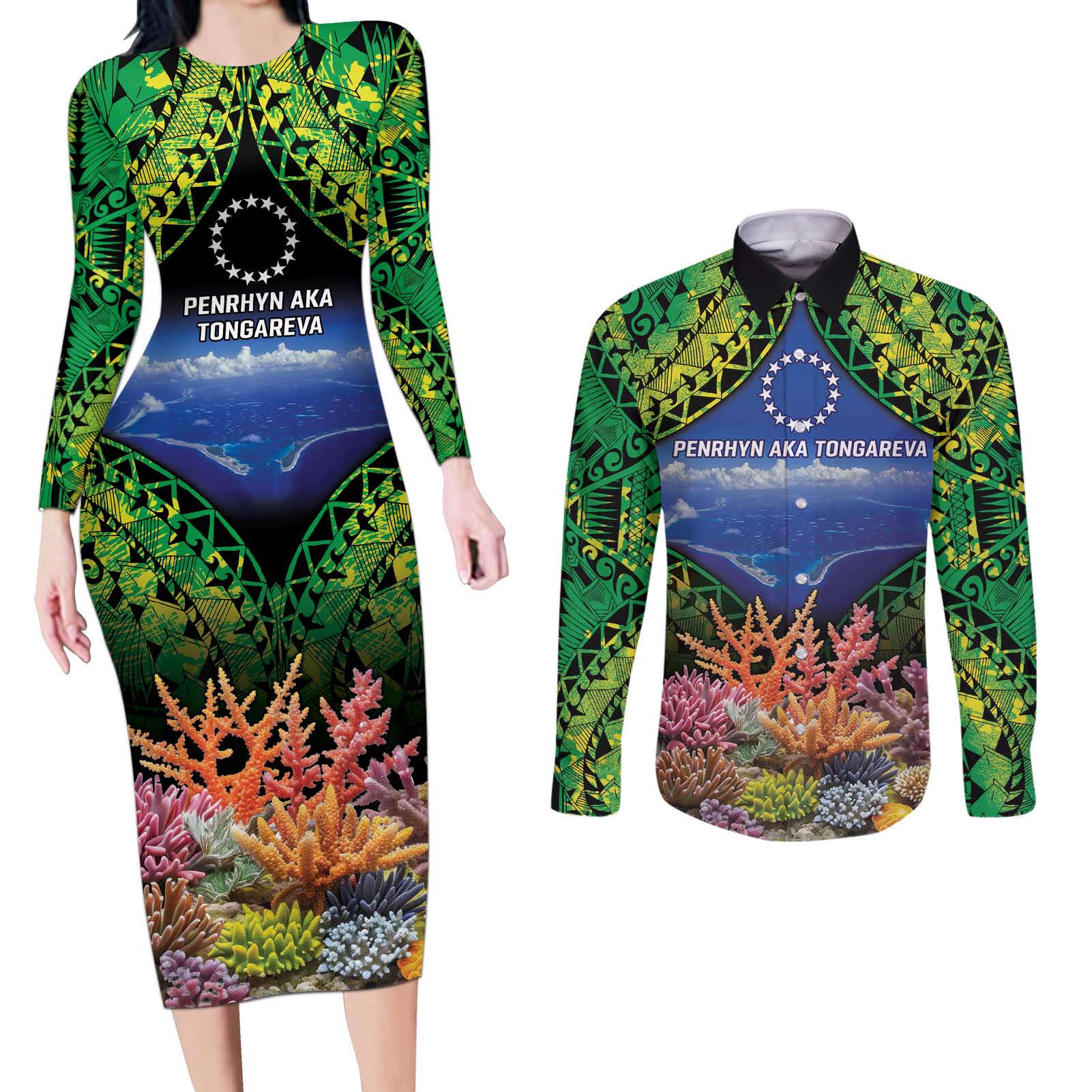 Penrhyn aka Tongareva Cook Islands Atoll Personalised Couples Matching Long Sleeve Bodycon Dress and Long Sleeve Button Shirt with Pacific Coral Reef Green Vibe