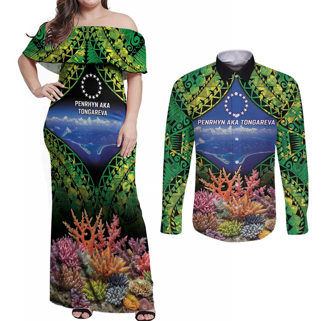 Penrhyn aka Tongareva Cook Islands Atoll Personalised Couples Matching Off Shoulder Maxi Dress and Long Sleeve Button Shirt with Pacific Coral Reef Green Vibe