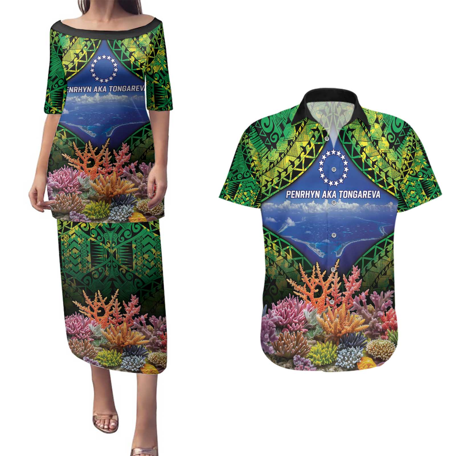 Penrhyn aka Tongareva Cook Islands Atoll Personalised Couples Matching Puletasi and Hawaiian Shirt with Pacific Coral Reef Green Vibe