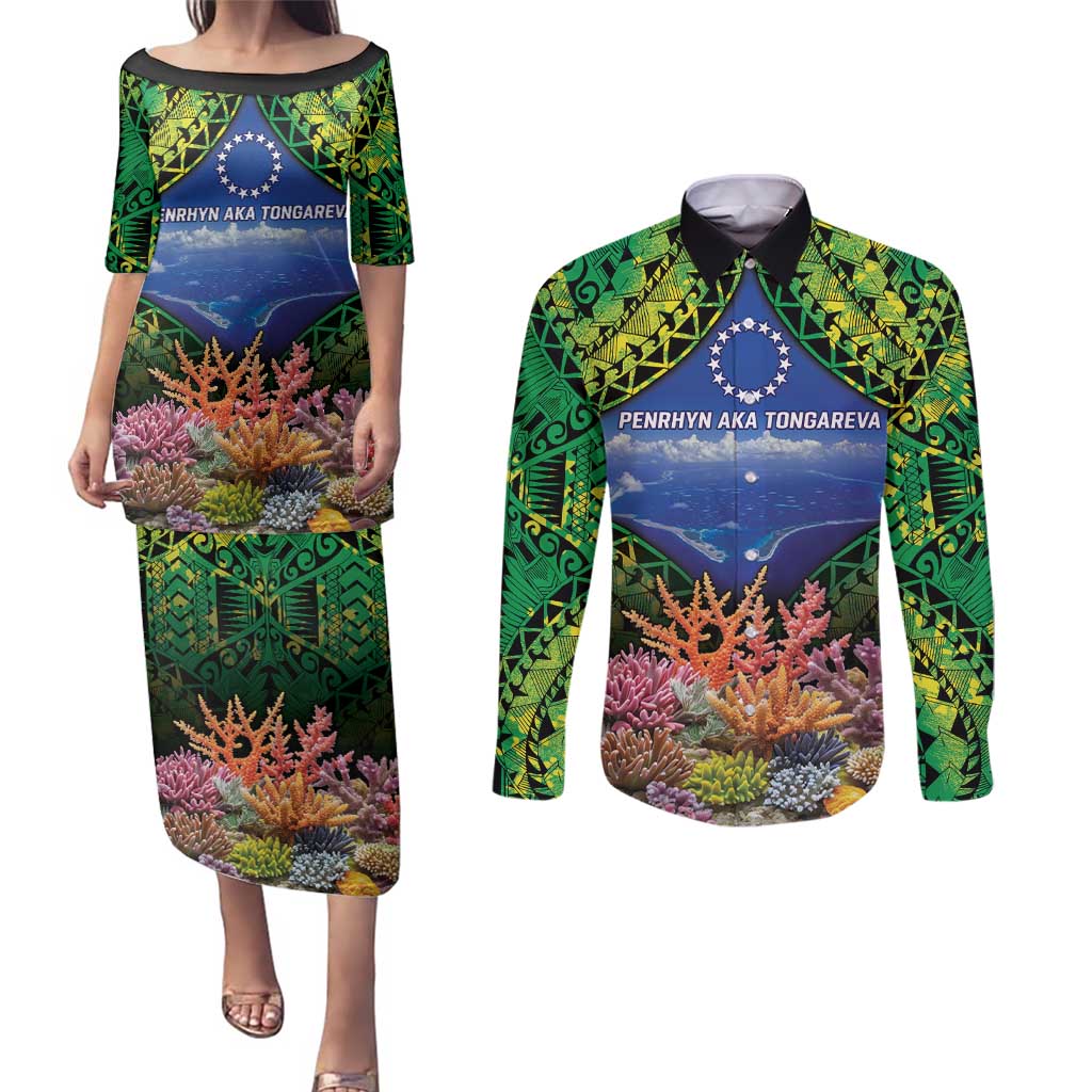 Penrhyn aka Tongareva Cook Islands Atoll Personalised Couples Matching Puletasi and Long Sleeve Button Shirt with Pacific Coral Reef Green Vibe