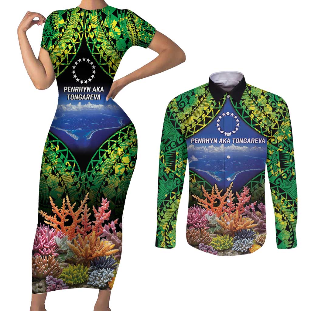 Penrhyn aka Tongareva Cook Islands Atoll Personalised Couples Matching Short Sleeve Bodycon Dress and Long Sleeve Button Shirt with Pacific Coral Reef Green Vibe