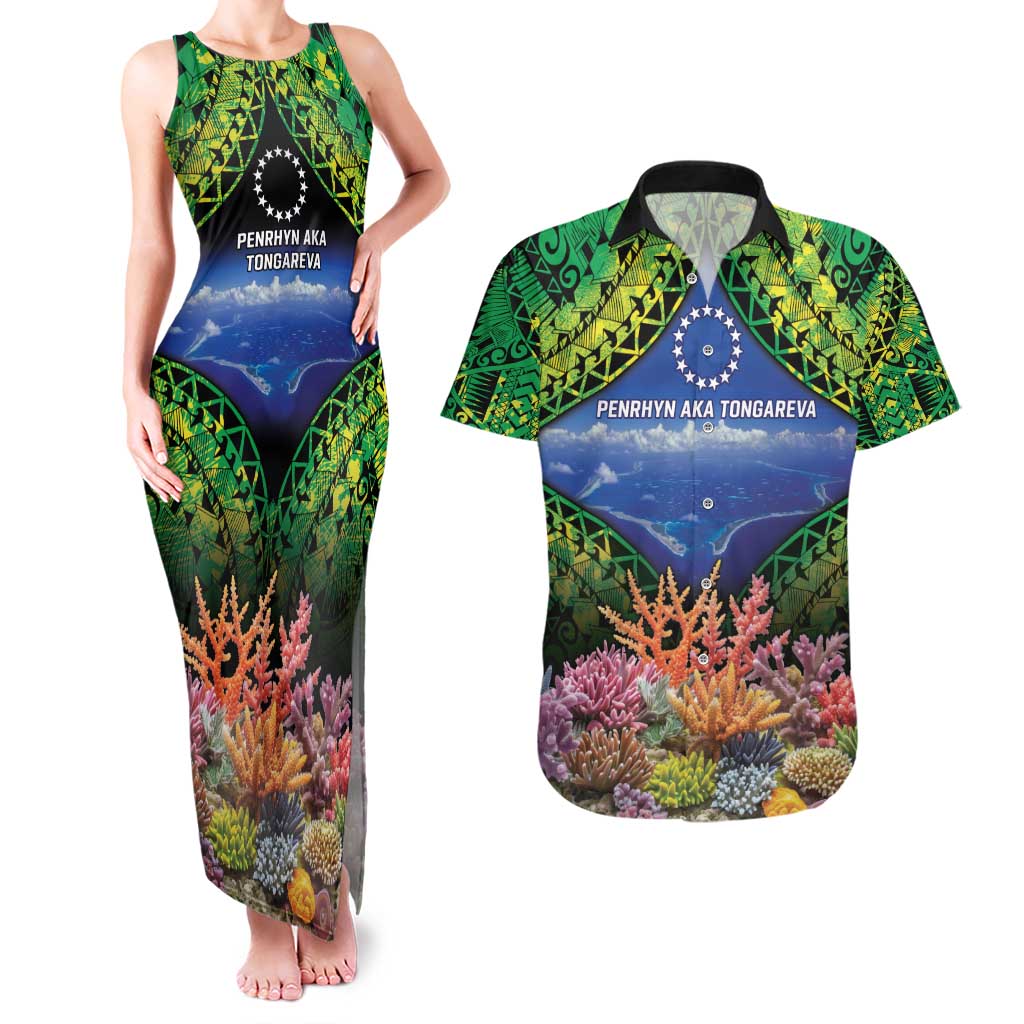 Penrhyn aka Tongareva Cook Islands Atoll Personalised Couples Matching Tank Maxi Dress and Hawaiian Shirt with Pacific Coral Reef Green Vibe