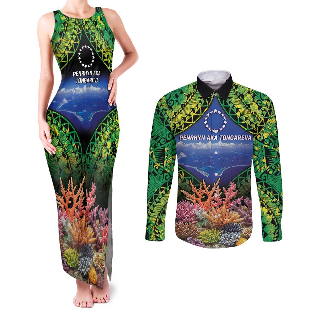 Penrhyn aka Tongareva Cook Islands Atoll Personalised Couples Matching Tank Maxi Dress and Long Sleeve Button Shirt with Pacific Coral Reef Green Vibe