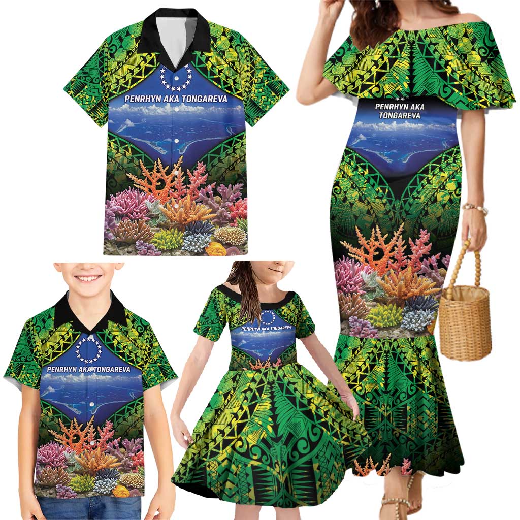 Penrhyn aka Tongareva Cook Islands Atoll Personalised Family Matching Mermaid Dress and Hawaiian Shirt with Pacific Coral Reef Green Vibe