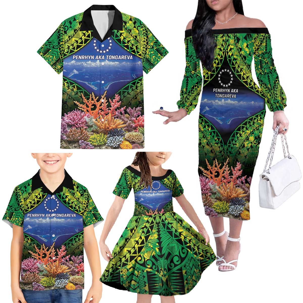 Penrhyn aka Tongareva Cook Islands Atoll Personalised Family Matching Off The Shoulder Long Sleeve Dress and Hawaiian Shirt with Pacific Coral Reef Green Vibe