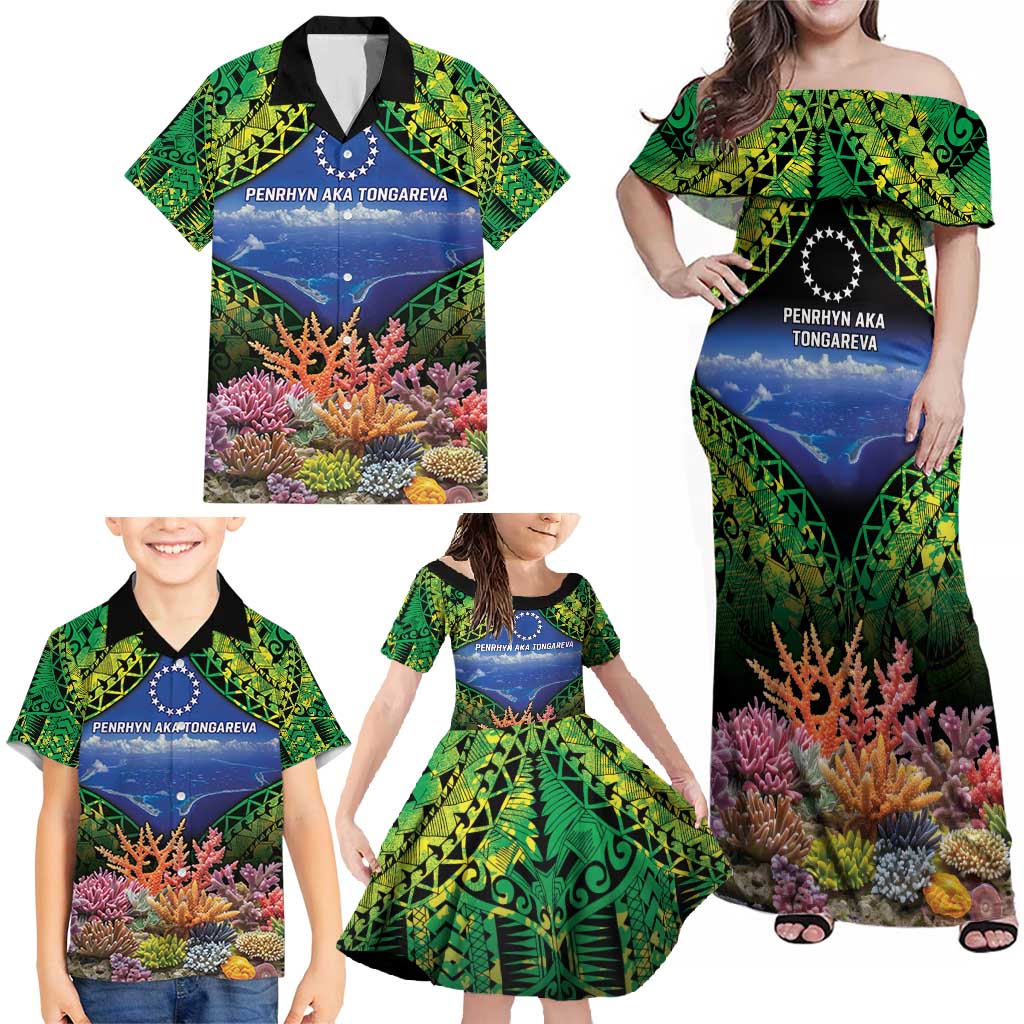 Penrhyn aka Tongareva Cook Islands Atoll Personalised Family Matching Off Shoulder Maxi Dress and Hawaiian Shirt with Pacific Coral Reef Green Vibe