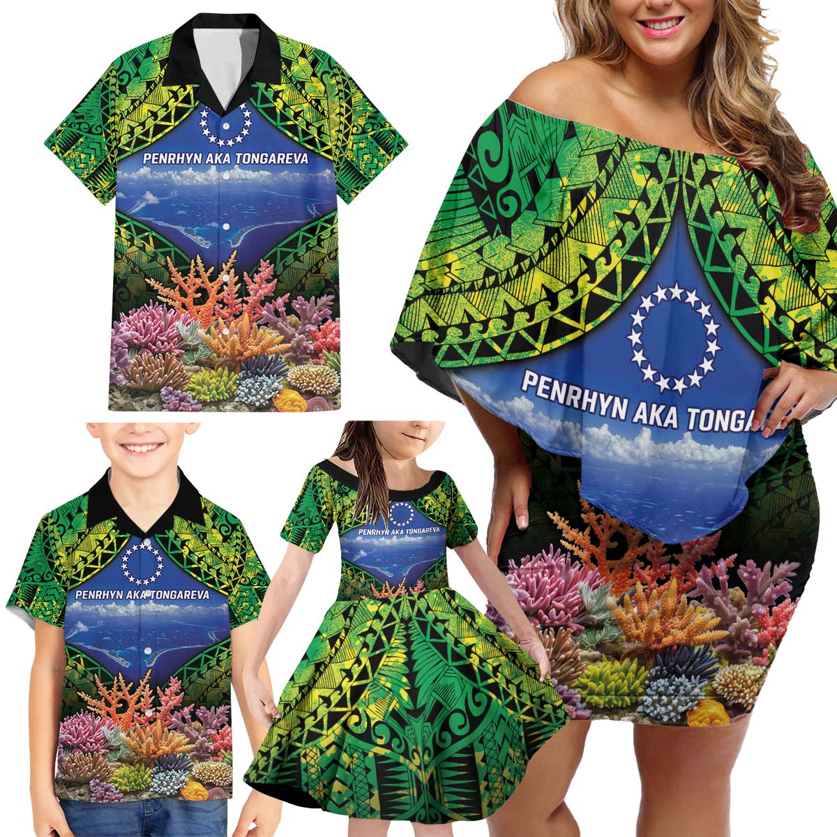 Penrhyn aka Tongareva Cook Islands Atoll Personalised Family Matching Off Shoulder Short Dress and Hawaiian Shirt with Pacific Coral Reef Green Vibe