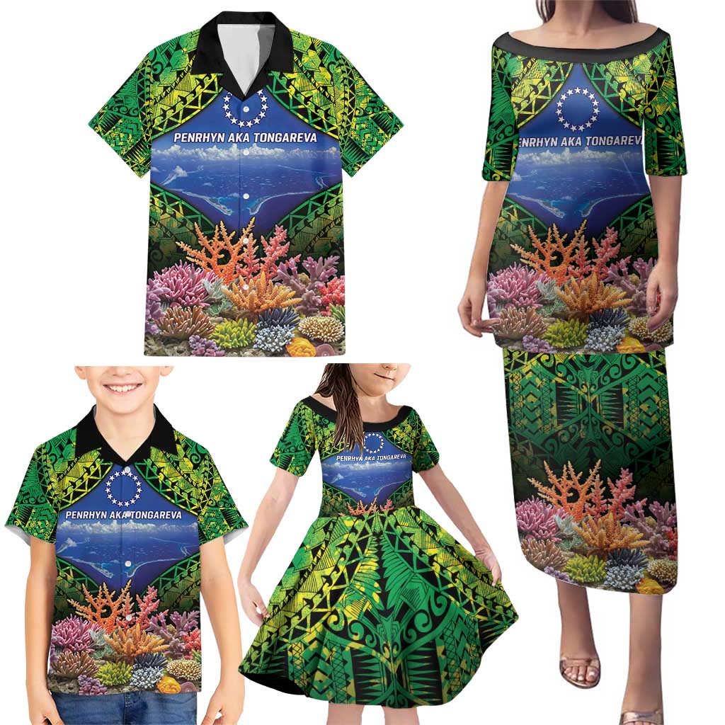 Penrhyn aka Tongareva Cook Islands Atoll Personalised Family Matching Puletasi and Hawaiian Shirt with Pacific Coral Reef Green Vibe