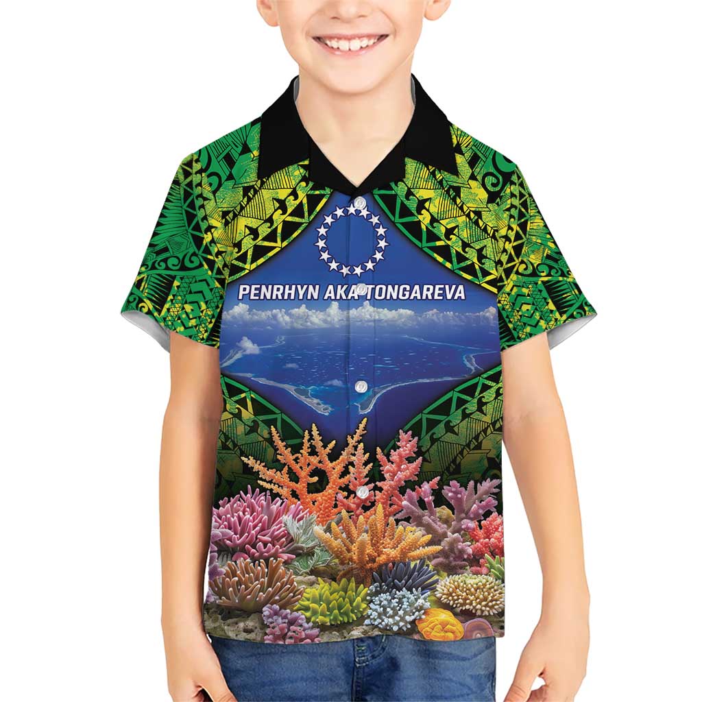 Penrhyn aka Tongareva Cook Islands Atoll Personalised Kid Hawaiian Shirt with Pacific Coral Reef Green Vibe