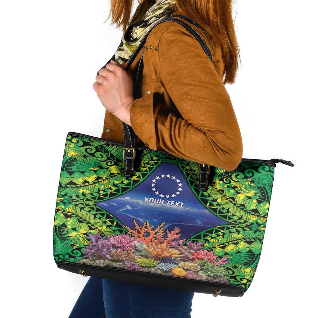 Penrhyn aka Tongareva Cook Islands Atoll Personalised Leather Tote Bag with Pacific Coral Reef Green Vibe