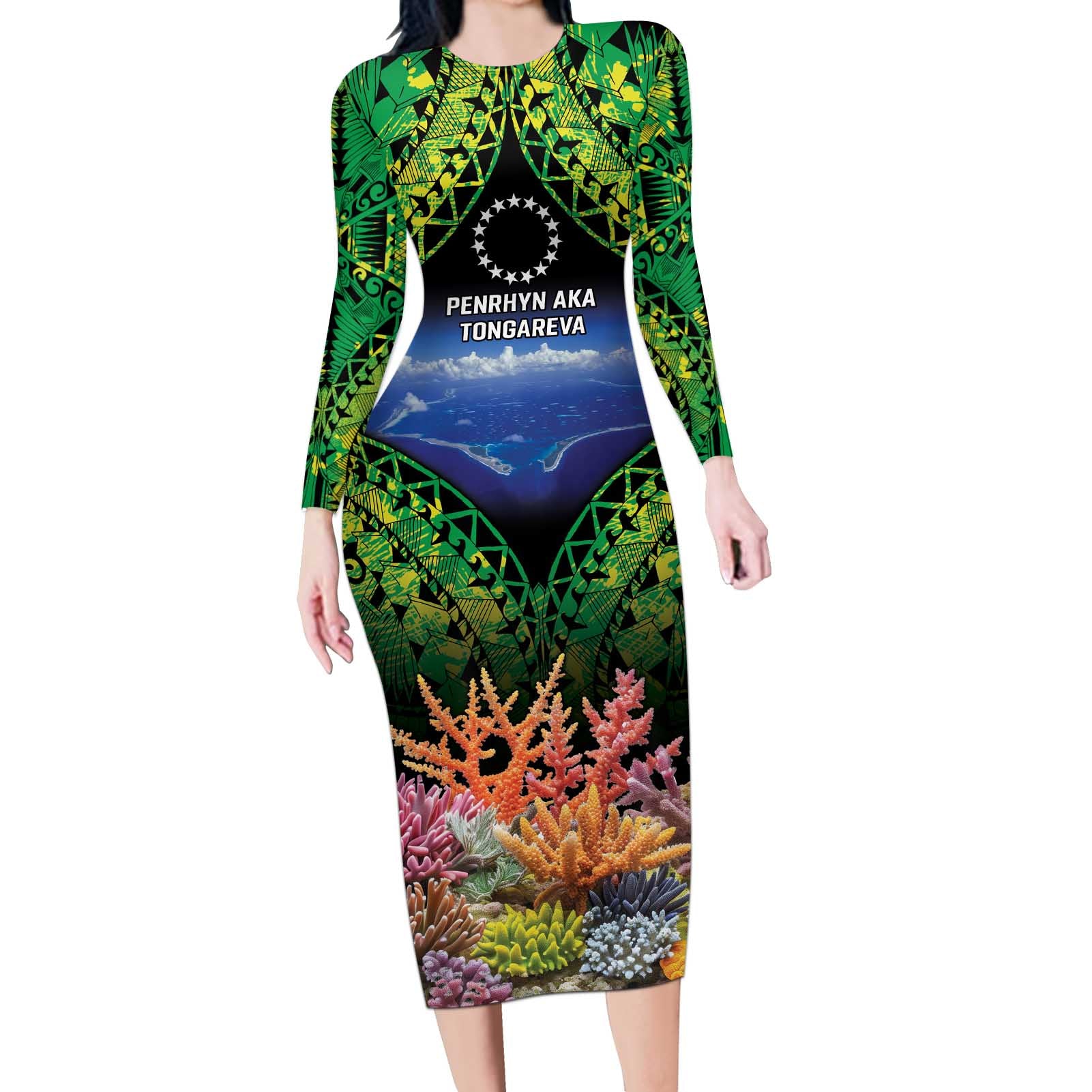 Penrhyn aka Tongareva Cook Islands Atoll Personalised Long Sleeve Bodycon Dress with Pacific Coral Reef Green Vibe