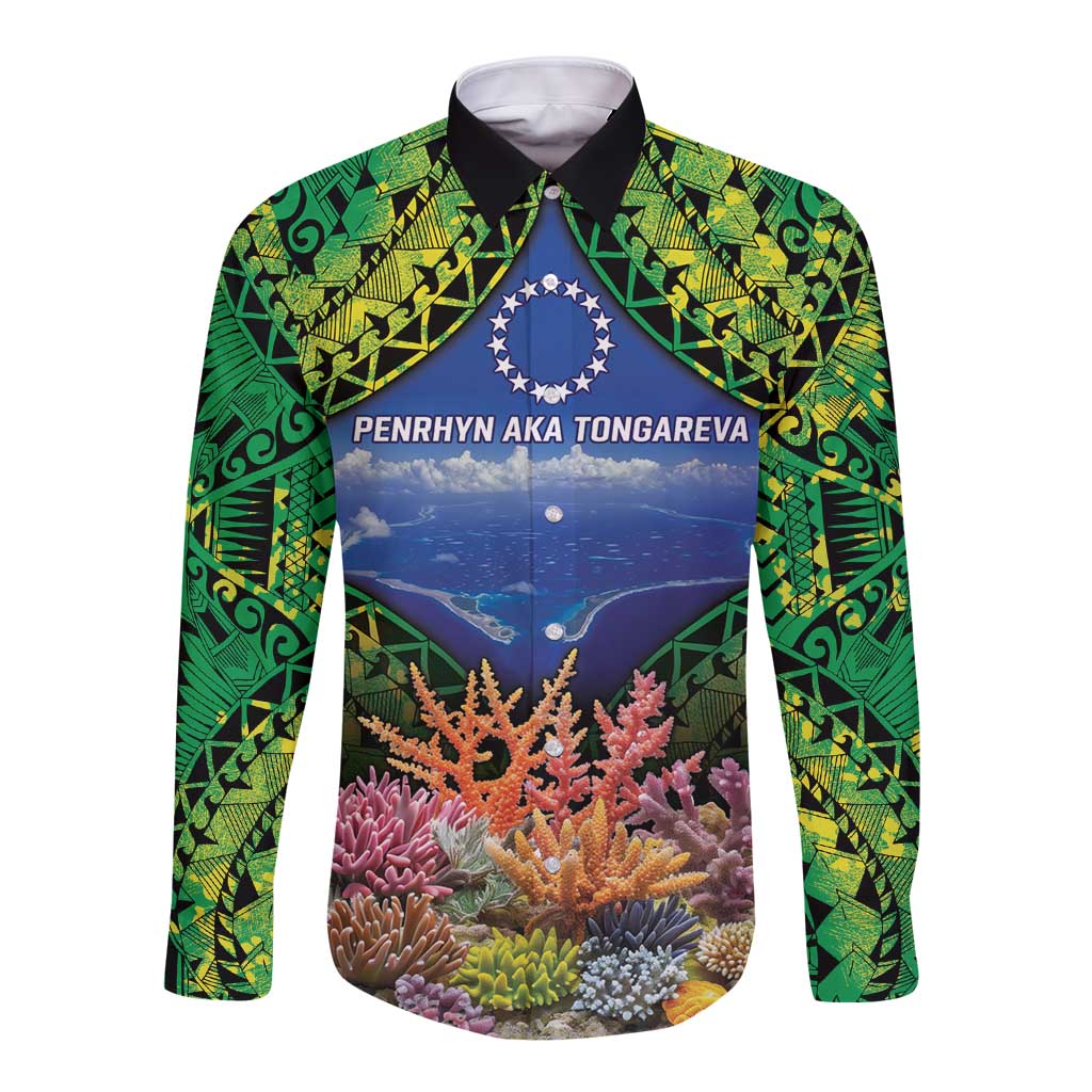 Penrhyn aka Tongareva Cook Islands Atoll Personalised Long Sleeve Button Shirt with Pacific Coral Reef Green Vibe