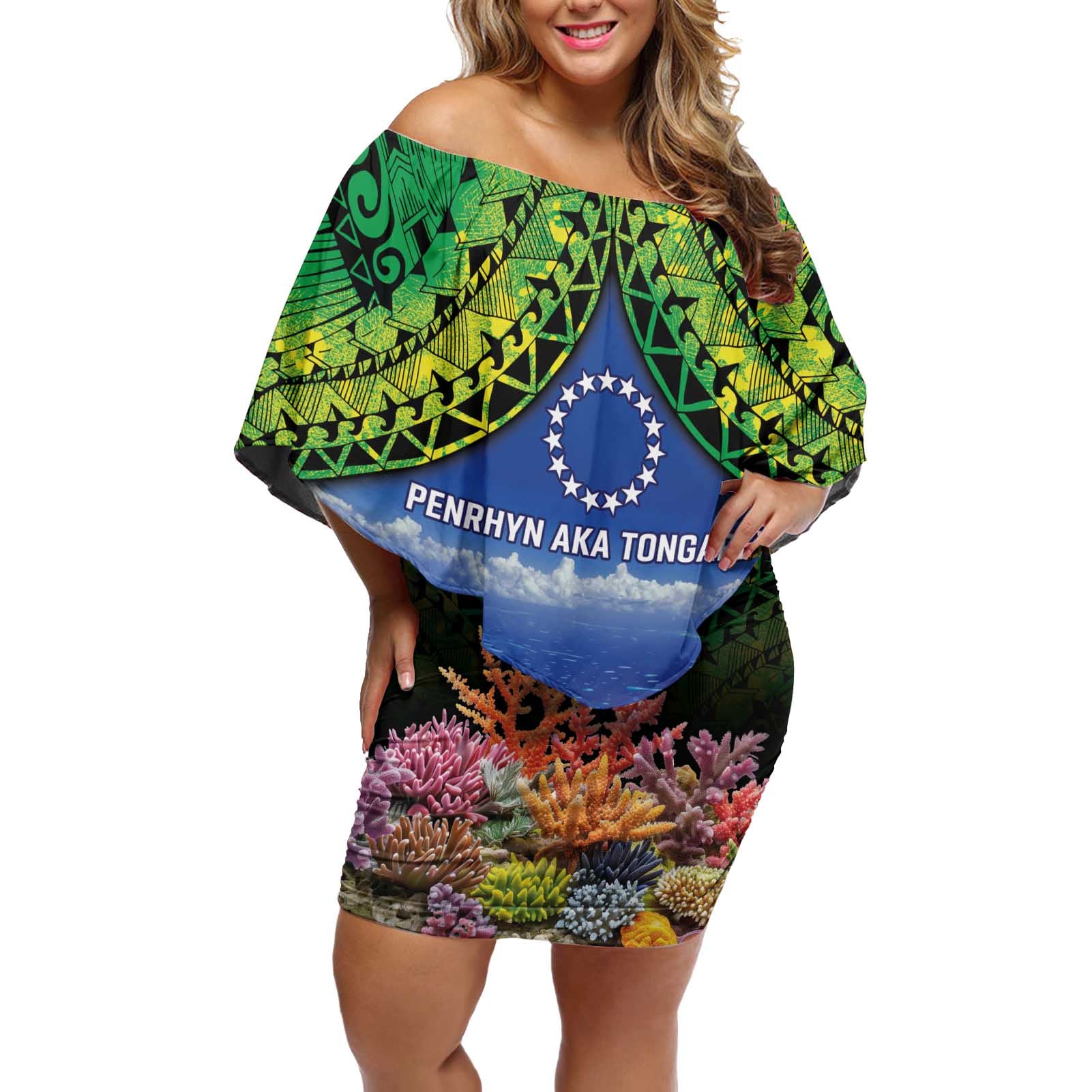 Penrhyn aka Tongareva Cook Islands Atoll Personalised Off Shoulder Short Dress with Pacific Coral Reef Green Vibe