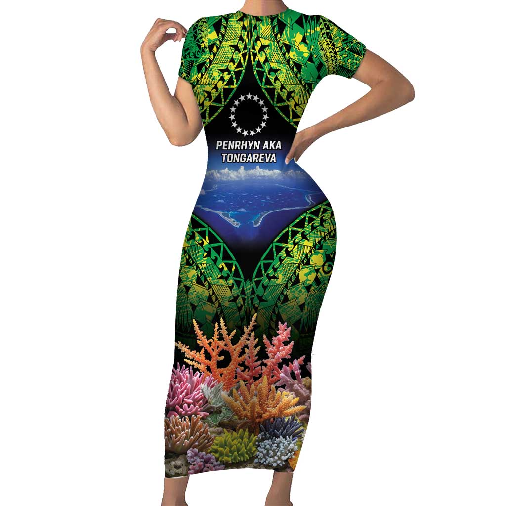 Penrhyn aka Tongareva Cook Islands Atoll Personalised Short Sleeve Bodycon Dress with Pacific Coral Reef Green Vibe