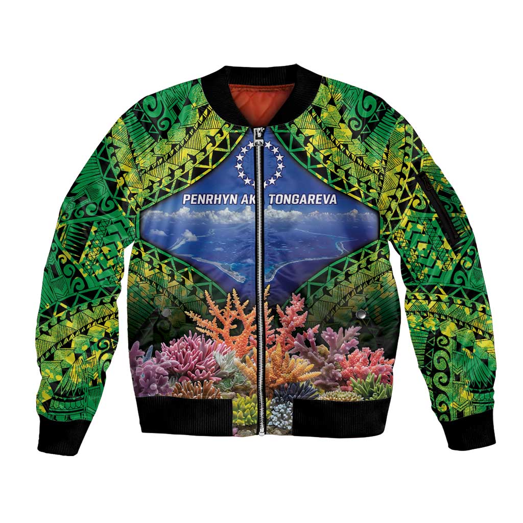 Penrhyn aka Tongareva Cook Islands Atoll Personalised Sleeve Zip Bomber Jacket with Pacific Coral Reef Green Vibe